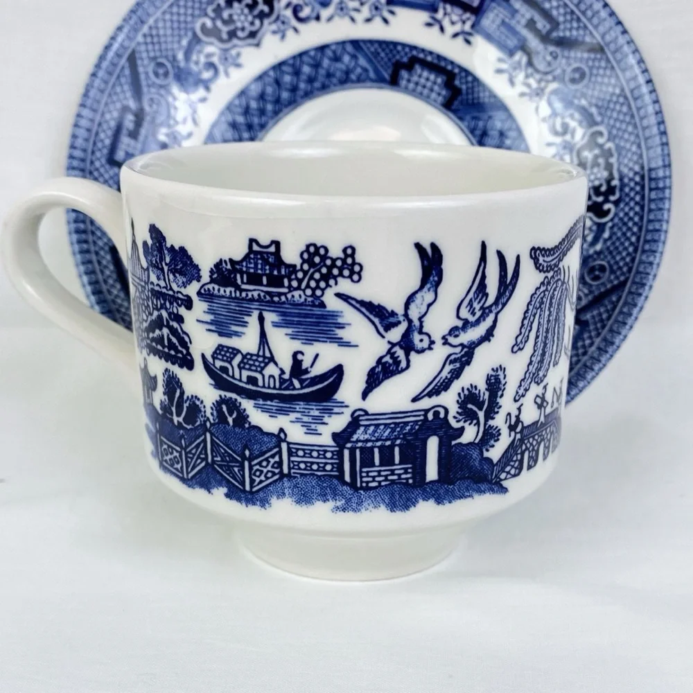 Vintage Churchill Blue Willow Teacup & Saucer Set of 2 England
